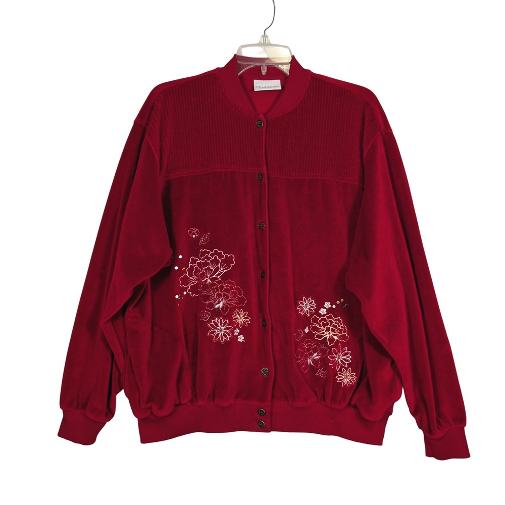 M Alfred Dunner Red‎ Velour Floral Embroidered Button Front Cardigan